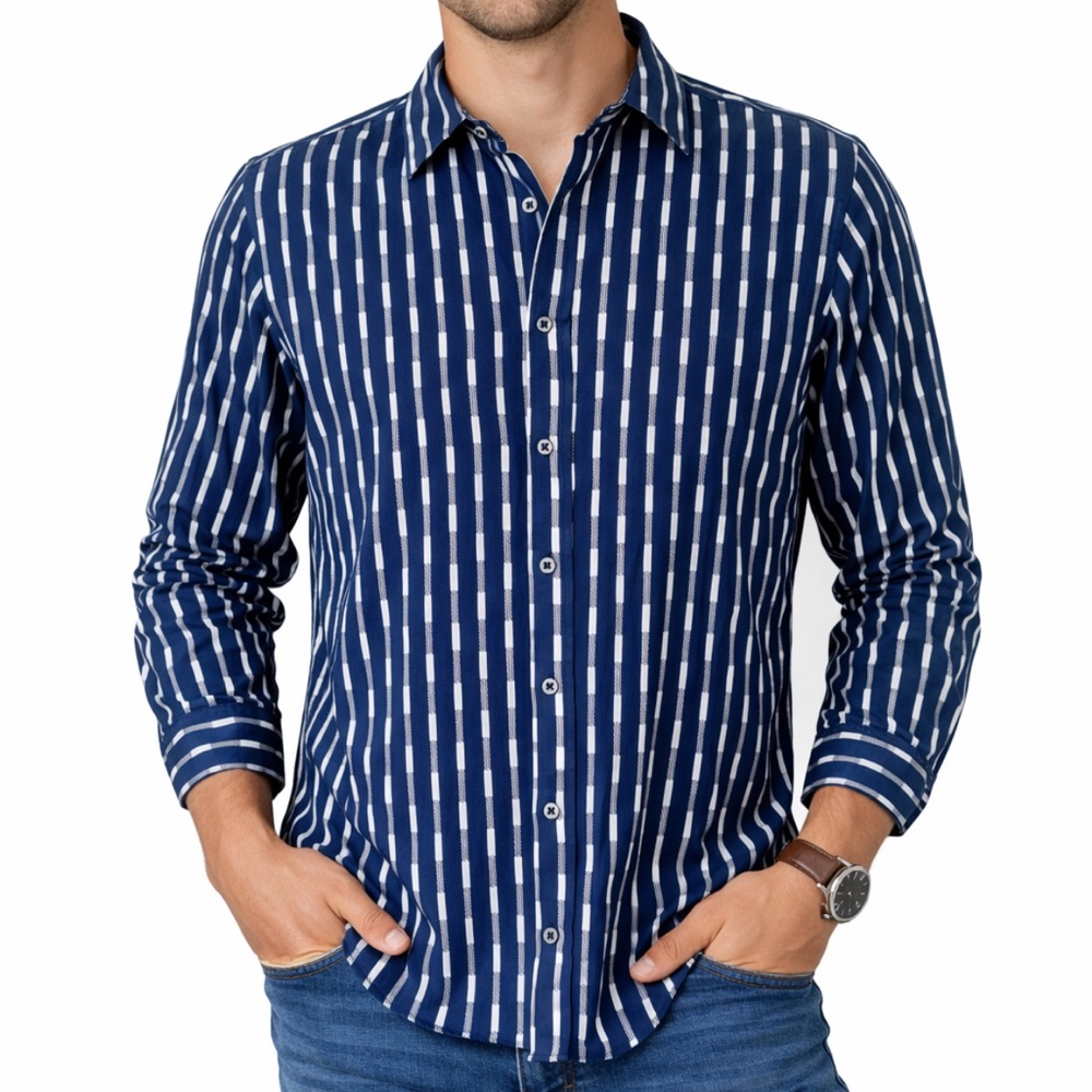 Rock Roll n Soul men’s blue white chevron striped cotton dress shirt size small